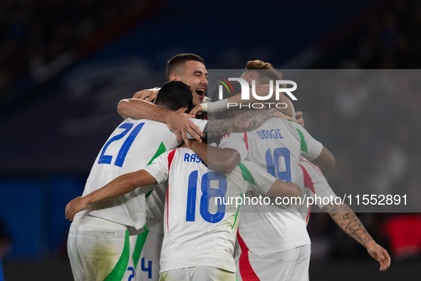 Giacomo Raspadori of Italy celebrates a goal during the UEFA Nations League 2024/25 League A Group A2 match between France and Italy at Parc...