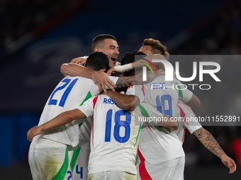 Giacomo Raspadori of Italy celebrates a goal during the UEFA Nations League 2024/25 League A Group A2 match between France and Italy at Parc...