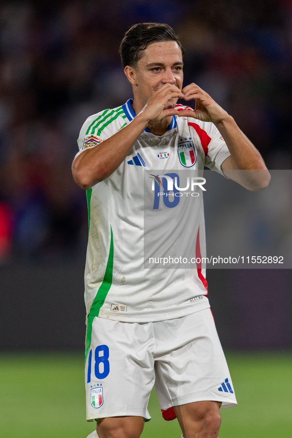 Giacomo Raspadori of Italy celebrates a goal during the UEFA Nations League 2024/25 League A Group A2 match between France and Italy at Parc...