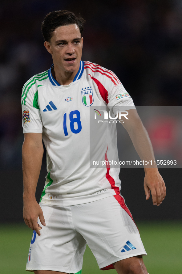 Giacomo Raspadori of Italy celebrates a goal during the UEFA Nations League 2024/25 League A Group A2 match between France and Italy at Parc...