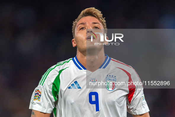 Mateo Retegui of Italy reacts during the UEFA Nations League 2024/25 League A Group A2 match between France and Italy in Paris, France, on S...