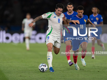 Sandro Tonali of Italy is in action during the UEFA Nations League 2024/25 League A Group A2 match between France and Italy at Parc des Prin...