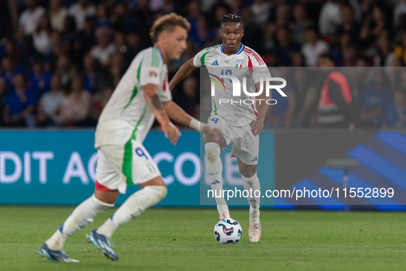 Destiny Udogie of Italy is in action during the UEFA Nations League 2024/25 League A Group A2 match between France and Italy at Parc des Pri...