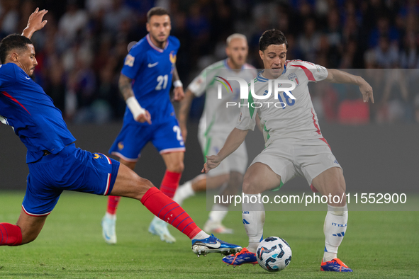 Giacomo Raspadori of Italy is in action during the UEFA Nations League 2024/25 League A Group A2 match between France and Italy at Parc des...