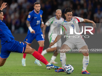 Giacomo Raspadori of Italy is in action during the UEFA Nations League 2024/25 League A Group A2 match between France and Italy at Parc des...