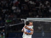 Davide Frattesi of Italy celebrates a goal with Giacomo Raspadori during the UEFA Nations League 2024/25 League A Group A2 match between Fra...