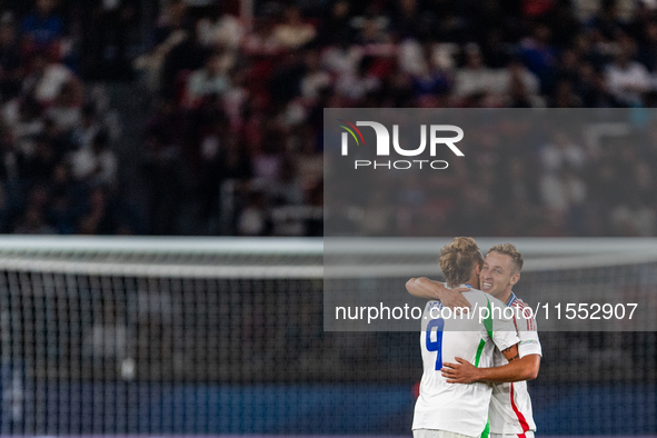 Davide Frattesi of Italy celebrates a goal during the UEFA Nations League 2024/25 League A Group A2 match between France and Italy at Parc d...