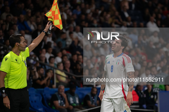 Sandro Tonali of Italy reacts during the UEFA Nations League 2024/25 League A Group A2 match between France and Italy in Paris, France, on S...