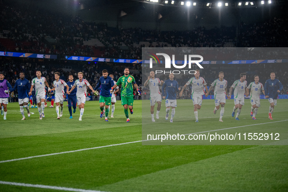 Italy celebrates the victory at the UEFA Nations League 2024/25 League A Group A2 match between France and Italy in Paris, France, on Septem...