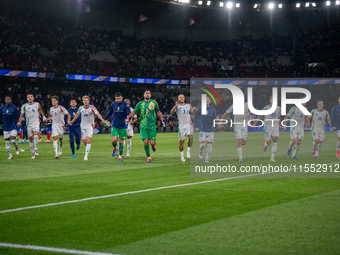 Italy celebrates the victory at the UEFA Nations League 2024/25 League A Group A2 match between France and Italy in Paris, France, on Septem...