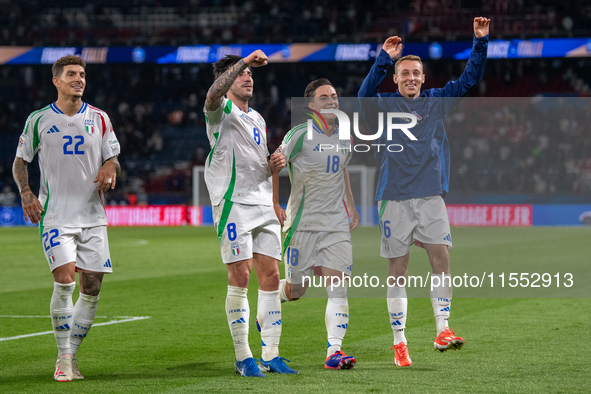 Italy celebrates the victory at the UEFA Nations League 2024/25 League A Group A2 match between France and Italy in Paris, France, on Septem...