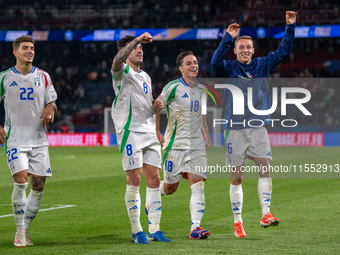 Italy celebrates the victory at the UEFA Nations League 2024/25 League A Group A2 match between France and Italy in Paris, France, on Septem...