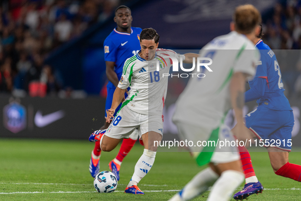 Giacomo Raspadori of Italy is in action during the UEFA Nations League 2024/25 League A Group A2 match between France and Italy at Parc des...