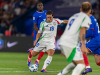 Giacomo Raspadori of Italy is in action during the UEFA Nations League 2024/25 League A Group A2 match between France and Italy at Parc des...