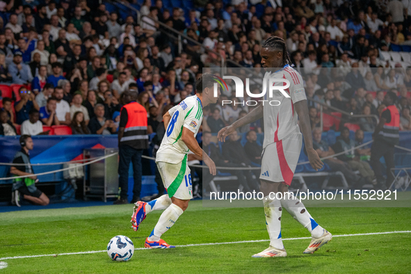 Moise Kean of Italy is in action during the UEFA Nations League 2024/25 League A Group A2 match between France and Italy at Parc des Princes...