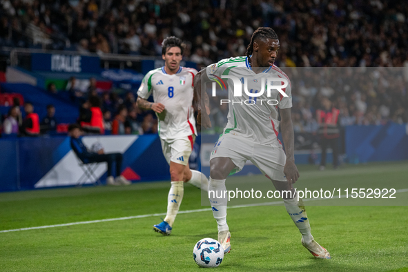 Moise Kean of Italy is in action during the UEFA Nations League 2024/25 League A Group A2 match between France and Italy at Parc des Princes...