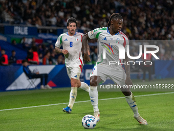 Moise Kean of Italy is in action during the UEFA Nations League 2024/25 League A Group A2 match between France and Italy at Parc des Princes...