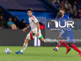 Sandro Tonali of Italy is in action during the UEFA Nations League 2024/25 League A Group A2 match between France and Italy at Parc des Prin...