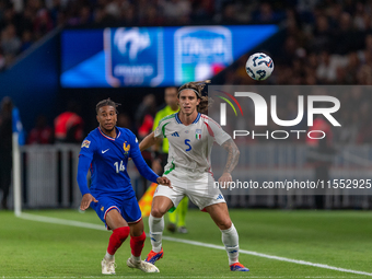 Riccardo Calafiori of Italy is in action during the UEFA Nations League 2024/25 League A Group A2 match between France and Italy at Parc des...