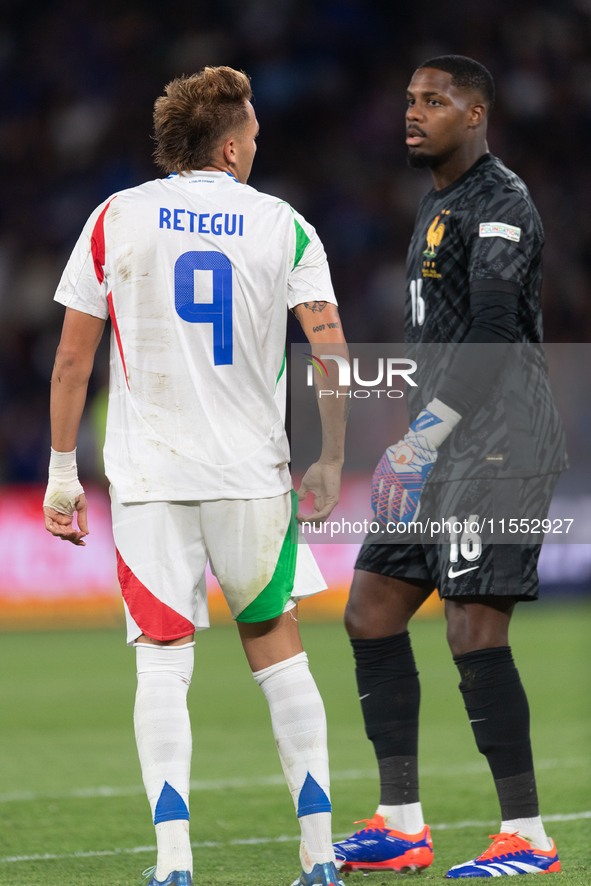 Mateo Retegui of Italy is in action during the UEFA Nations League 2024/25 League A Group A2 match between France and Italy at Parc des Prin...