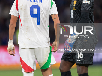 Mateo Retegui of Italy is in action during the UEFA Nations League 2024/25 League A Group A2 match between France and Italy at Parc des Prin...