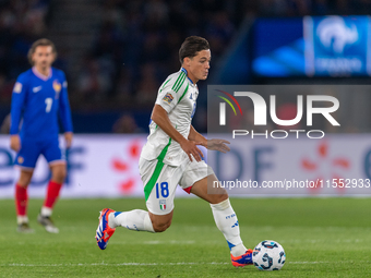 Giacomo Raspadori of Italy is in action during the UEFA Nations League 2024/25 League A Group A2 match between France and Italy at Parc des...