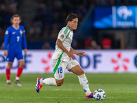 Giacomo Raspadori of Italy is in action during the UEFA Nations League 2024/25 League A Group A2 match between France and Italy at Parc des...