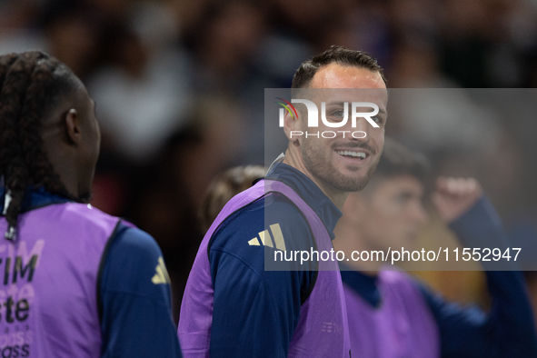 Federico Gatti of Italy warms up during the UEFA Nations League 2024/25 League A Group A2 match between France and Italy at Parc des Princes...