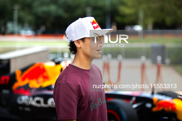 Red Bull Junior Driver Arvid Lindblad speaks at a private preview event for Red Bull's Houston Showrun in Houston, Texas, on September 6, 20...