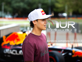 Red Bull Junior Driver Arvid Lindblad speaks at a private preview event for Red Bull's Houston Showrun in Houston, Texas, on September 6, 20...