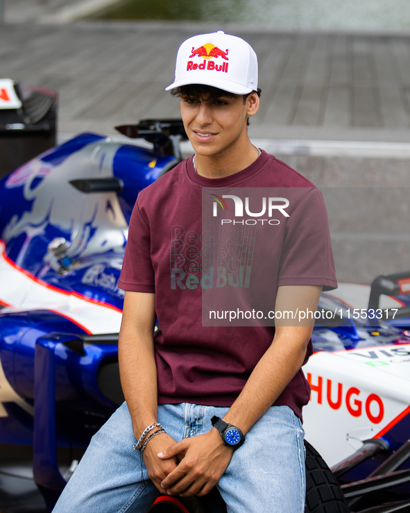 Red Bull Junior Driver Arvid Lindblad speaks at a private preview event for Red Bull's Houston Showrun in Houston, Texas, on September 6, 20...