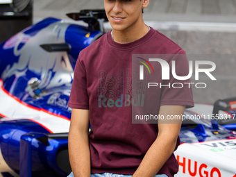 Red Bull Junior Driver Arvid Lindblad speaks at a private preview event for Red Bull's Houston Showrun in Houston, Texas, on September 6, 20...