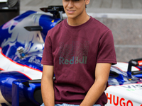 Red Bull Junior Driver Arvid Lindblad speaks at a private preview event for Red Bull's Houston Showrun in Houston, Texas, on September 6, 20...