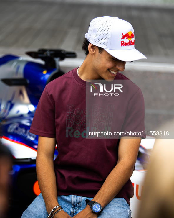 Red Bull Junior Driver Arvid Lindblad speaks at a private preview event for Red Bull's Houston Showrun in Houston, Texas, on September 6, 20...