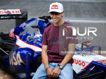 Red Bull Junior Driver Arvid Lindblad speaks at a private preview event for Red Bull's Houston Showrun in Houston, Texas, on September 6, 20...