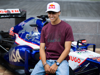 Red Bull Junior Driver Arvid Lindblad speaks at a private preview event for Red Bull's Houston Showrun in Houston, Texas, on September 6, 20...