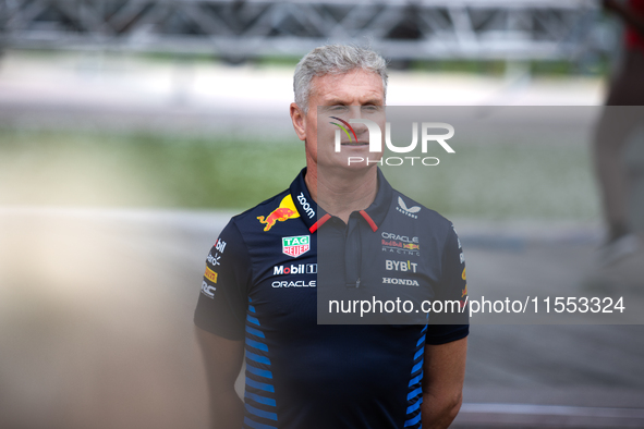 Former Formula 1 driver David Coulthard speaks at a private preview event for Red Bull's Houston Showrun in Houston, Texas, on September 6,...