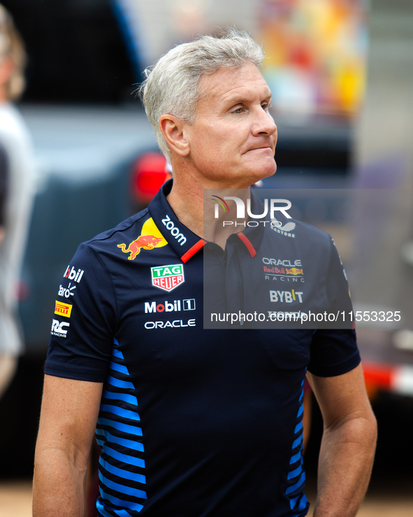 Former Formula 1 driver David Coulthard speaks at a private preview event for Red Bull's Houston Showrun in Houston, Texas, on September 6,...