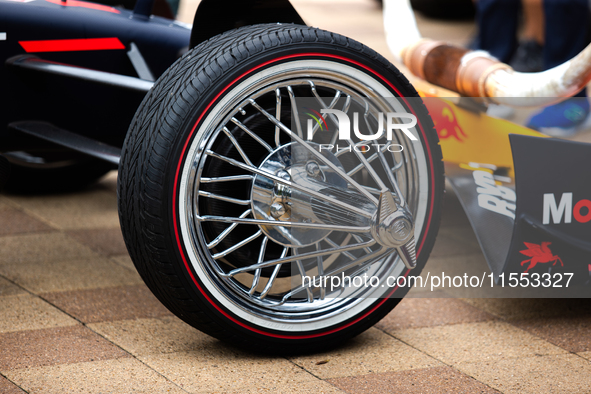 A Texas-themed F1 car outfitted with longhorn horns and ''slab'' wheels wows attendees at a private preview event for Red Bull's Houston Sho...