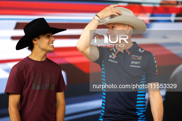 Former Formula 1 driver David Coulthard and Red Bull Junior Driver Arvid Lindblad wear cowboy hats as they are welcomed to Texas at a privat...