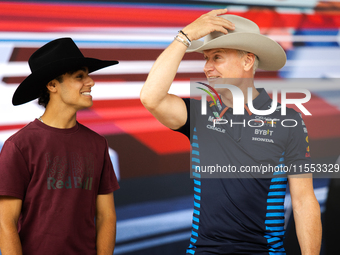 Former Formula 1 driver David Coulthard and Red Bull Junior Driver Arvid Lindblad wear cowboy hats as they are welcomed to Texas at a privat...