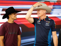 Former Formula 1 driver David Coulthard and Red Bull Junior Driver Arvid Lindblad wear cowboy hats as they are welcomed to Texas at a privat...