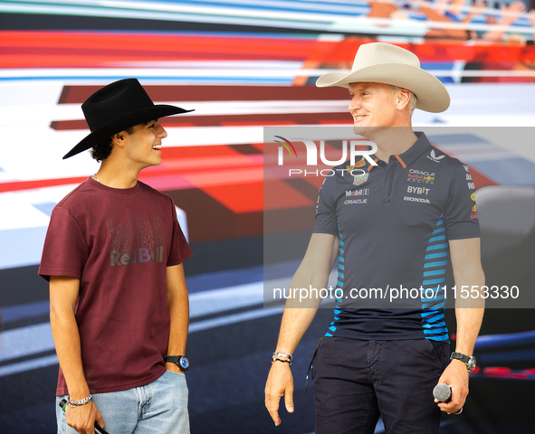 Former Formula 1 driver David Coulthard and Red Bull Junior Driver Arvid Lindblad wear cowboy hats as they are welcomed to Texas at a privat...