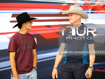 Former Formula 1 driver David Coulthard and Red Bull Junior Driver Arvid Lindblad wear cowboy hats as they are welcomed to Texas at a privat...