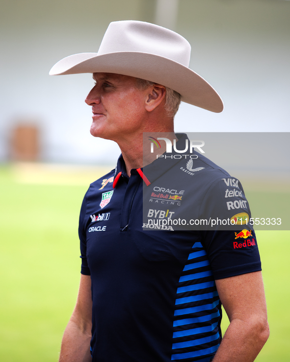 Former Formula 1 driver David Coulthard wears a cowboy hat at a private preview event for Red Bull's Houston Showrun in Houston, Texas, on S...