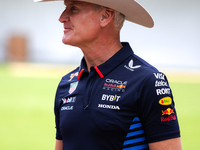 Former Formula 1 driver David Coulthard wears a cowboy hat at a private preview event for Red Bull's Houston Showrun in Houston, Texas, on S...