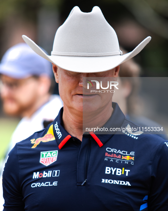 Former Formula 1 driver David Coulthard wears a cowboy hat at a private preview event for Red Bull's Houston Showrun in Houston, Texas, on S...