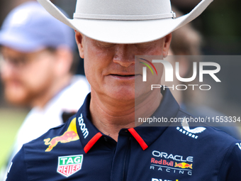 Former Formula 1 driver David Coulthard wears a cowboy hat at a private preview event for Red Bull's Houston Showrun in Houston, Texas, on S...