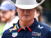 Former Formula 1 driver David Coulthard wears a cowboy hat at a private preview event for Red Bull's Houston Showrun in Houston, Texas, on S...