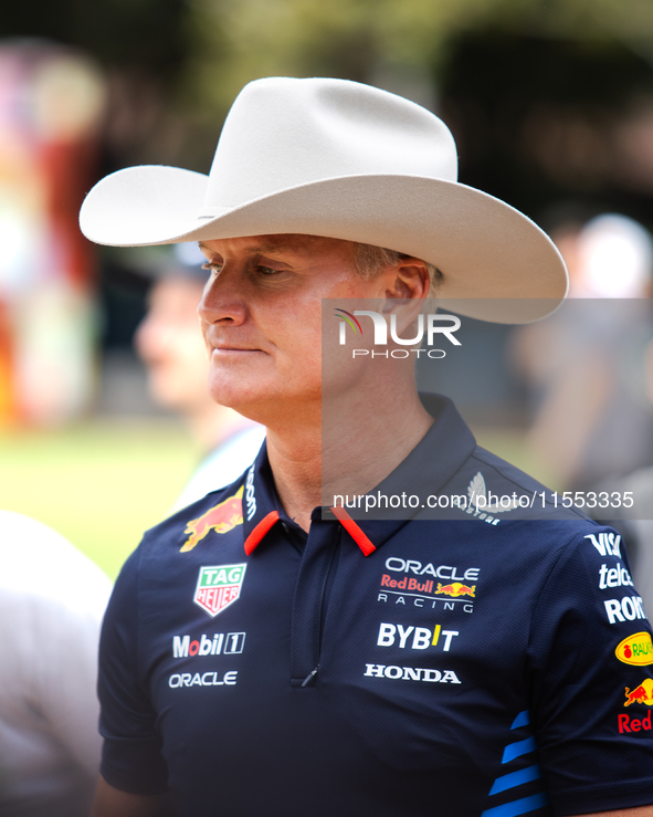 Former Formula 1 driver David Coulthard wears a cowboy hat at a private preview event for Red Bull's Houston Showrun in Houston, Texas, on S...